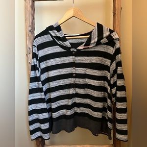 Free People Beach Soft Striped Henley Hoodie Oversized Wooden Buttons Relaxed XS